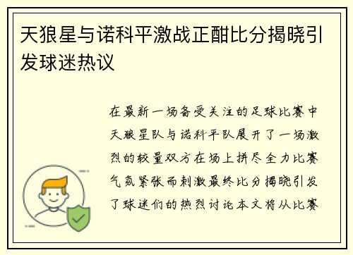 天狼星与诺科平激战正酣比分揭晓引发球迷热议